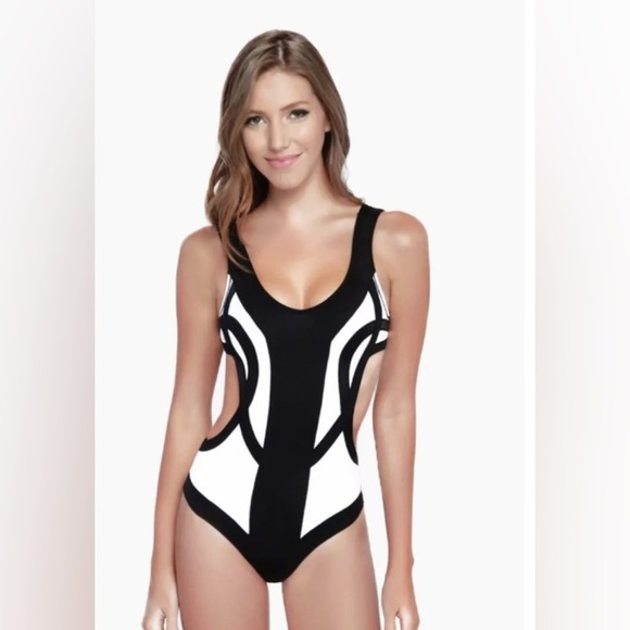 OYE Swimwear Rorschach Cut Out One Piece Swimsuit Black White - Picture 1 of 10